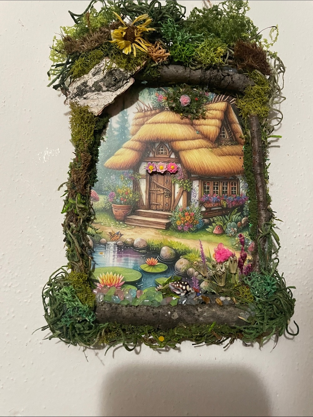 Whimsical Thatched Cottage Wall print- handcrafted Moss Frame flowers fairy core